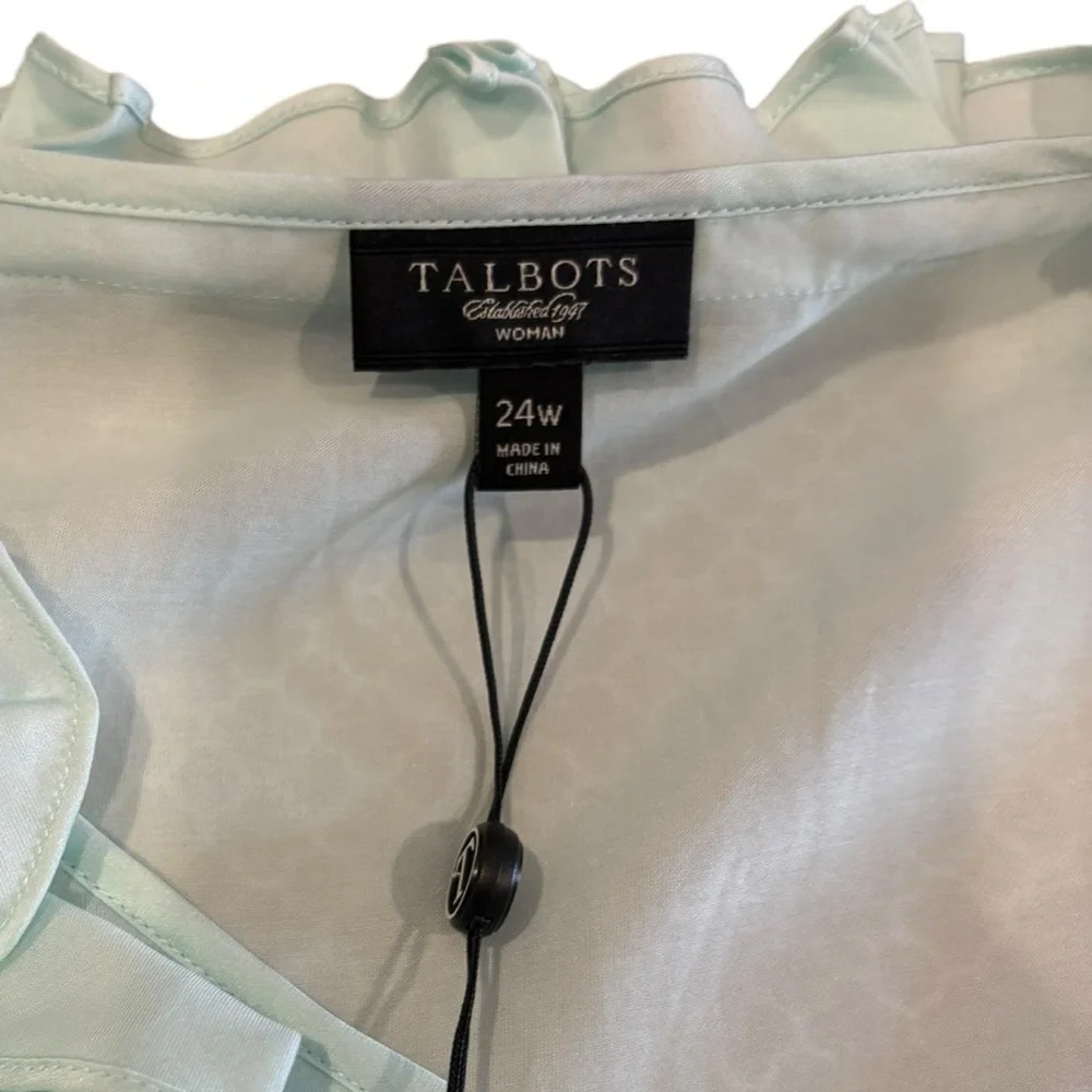 Talbots Women’s Light Aqua Blue Silk Blend‎ Ruffled Neck Blouse Size 24W (NWT) - Picture 4 of 8